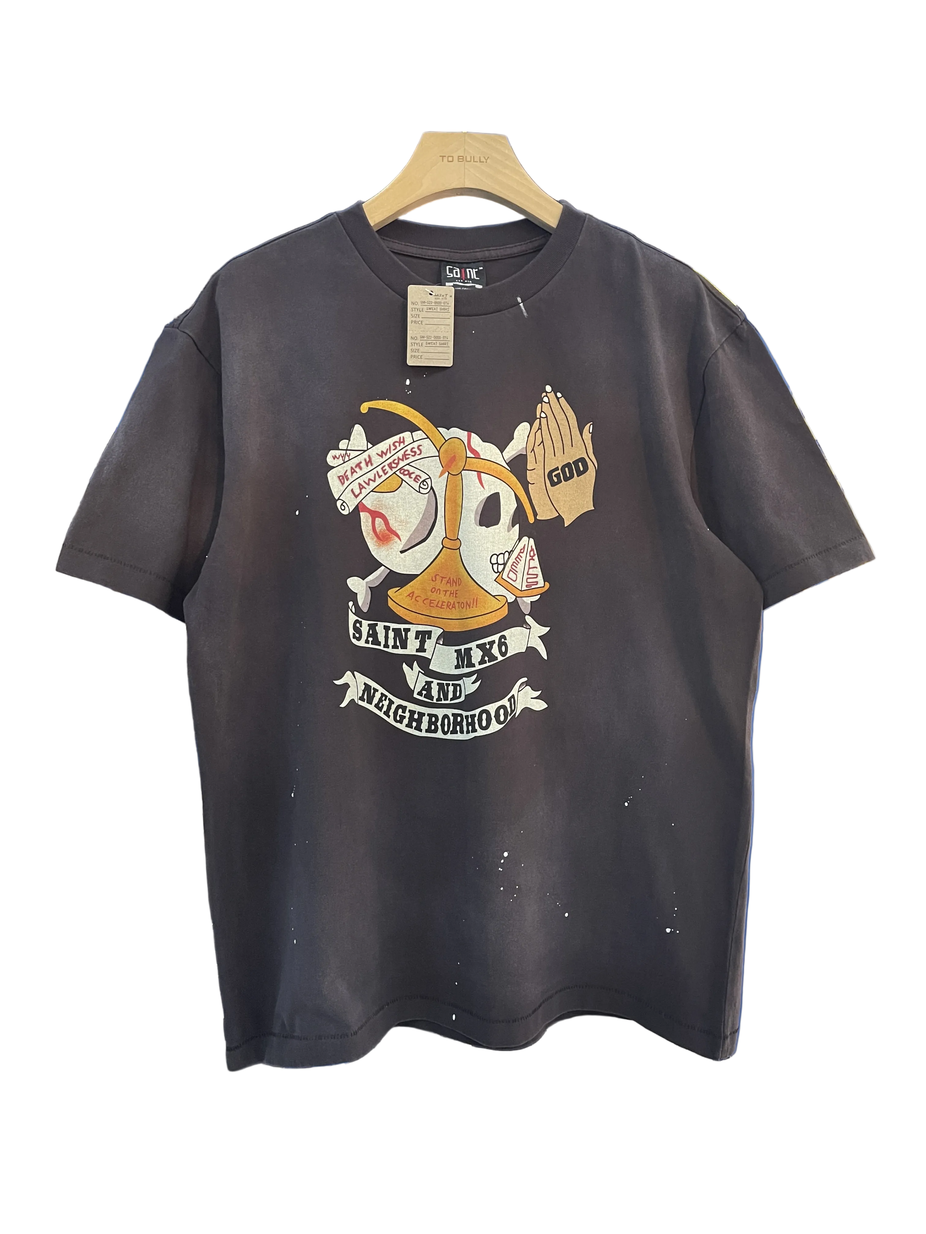 Saint Michael Skull Praying Hands Print T‑Shirt