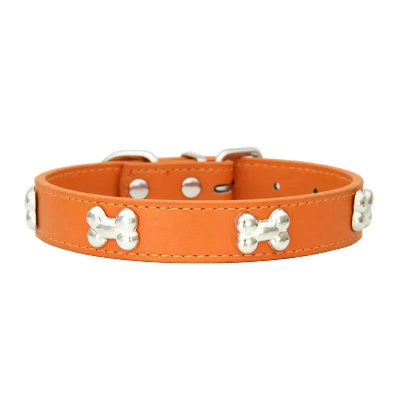 Leather Dog Collar with Bone Decoration