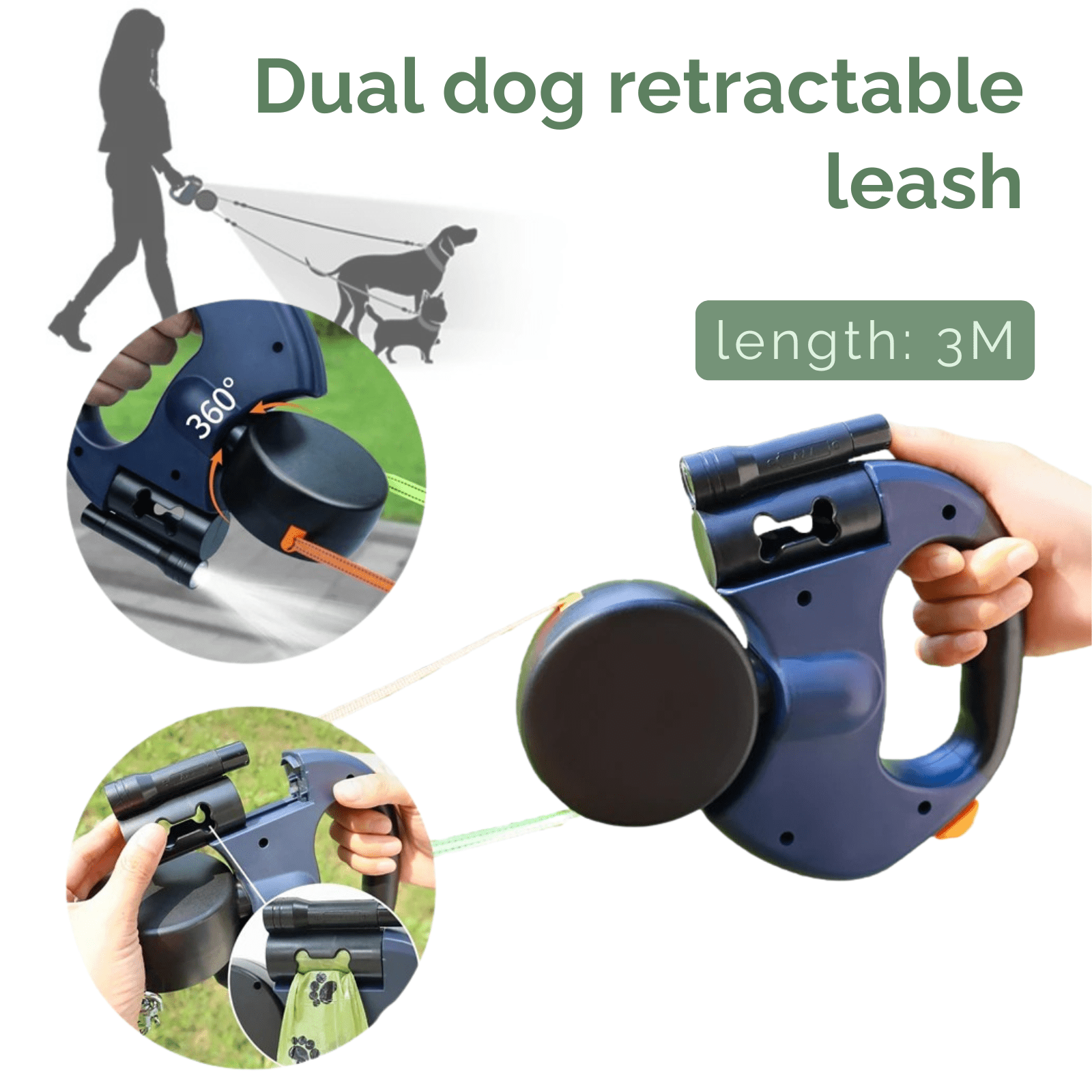 Retractable Double Dog Leash – 360° Rotatable & Anti-Tangle | Reflective 3M Leashes & Brake System